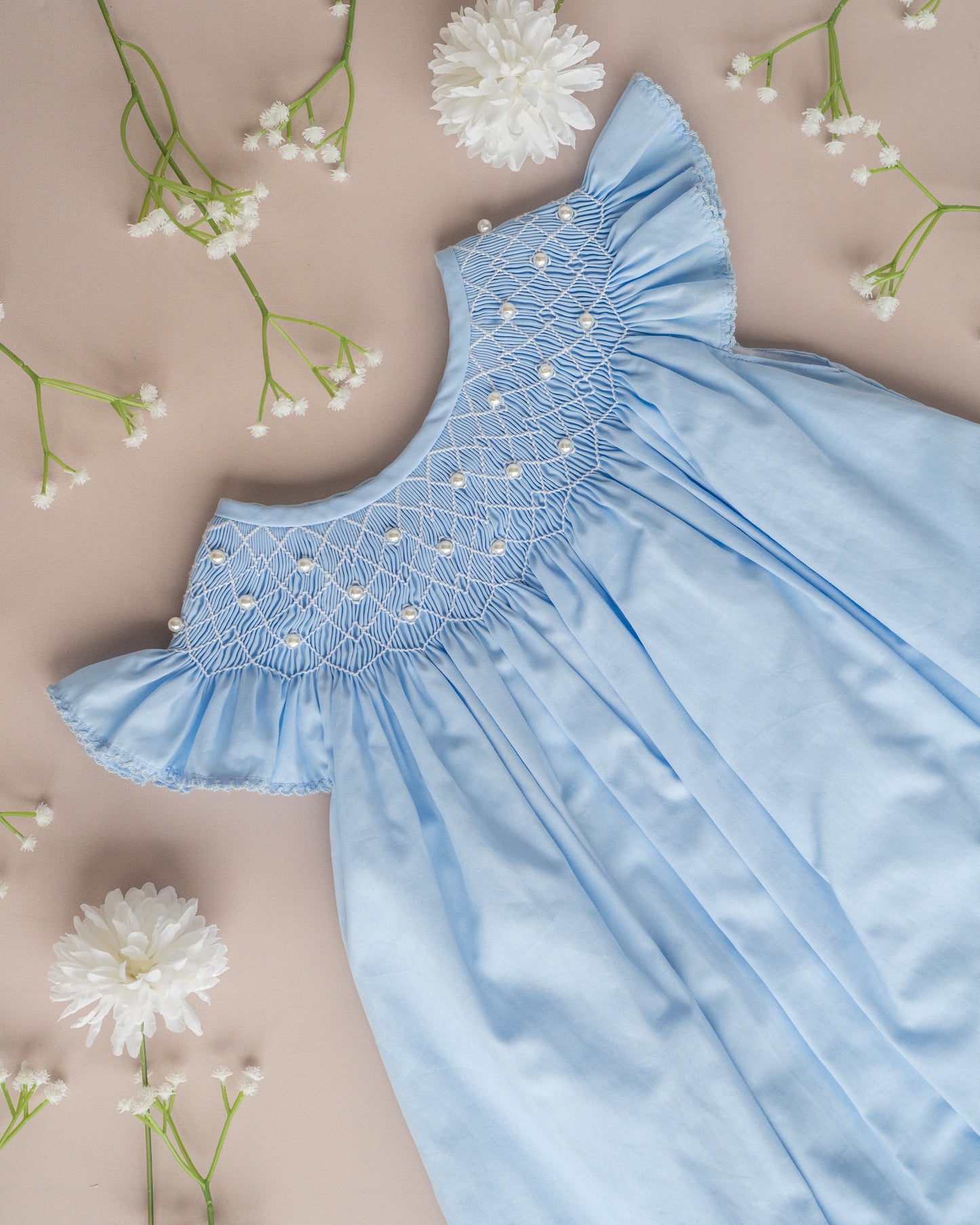Baby Blue Pearl Smocked Dress