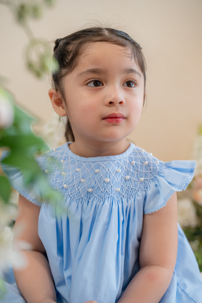 Baby Blue Pearl Smocked Dress