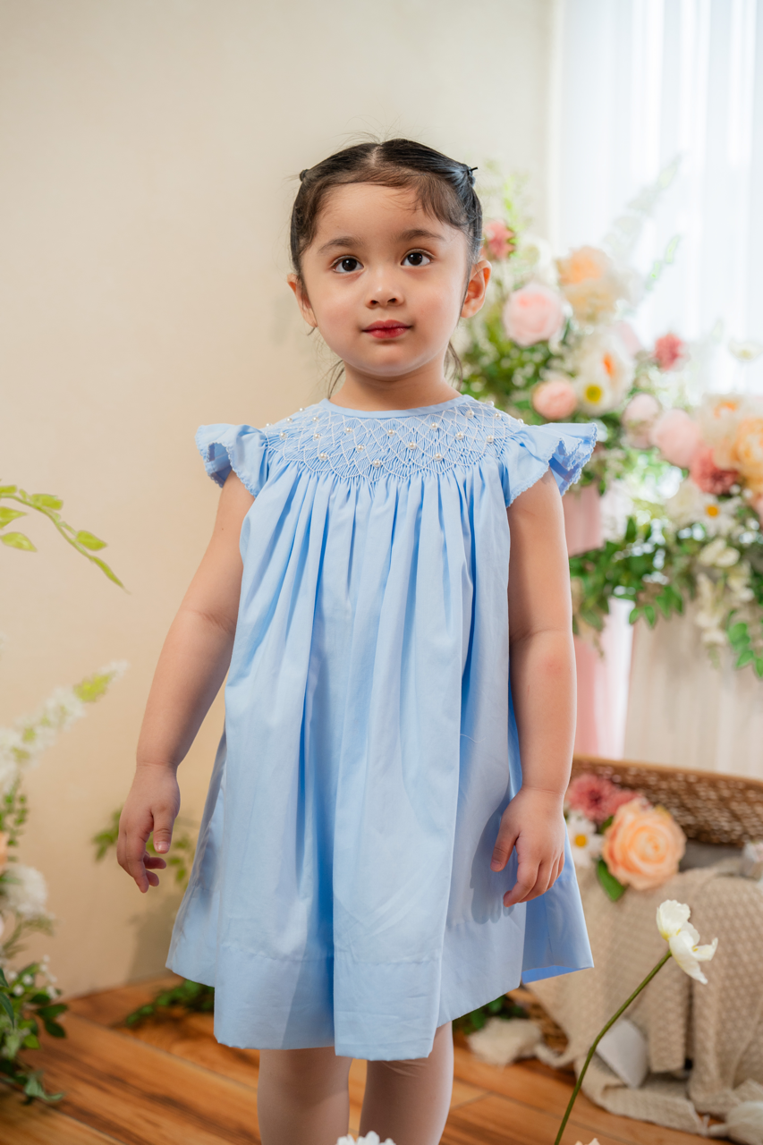 Baby Blue Pearl Smocked Dress