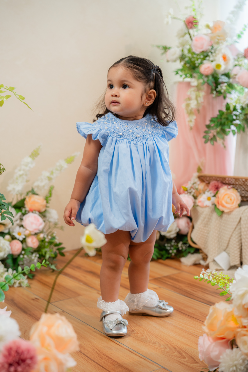 Baby Blue Pearl Smocked Bubble