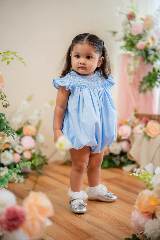 Baby Blue Pearl Smocked Bubble