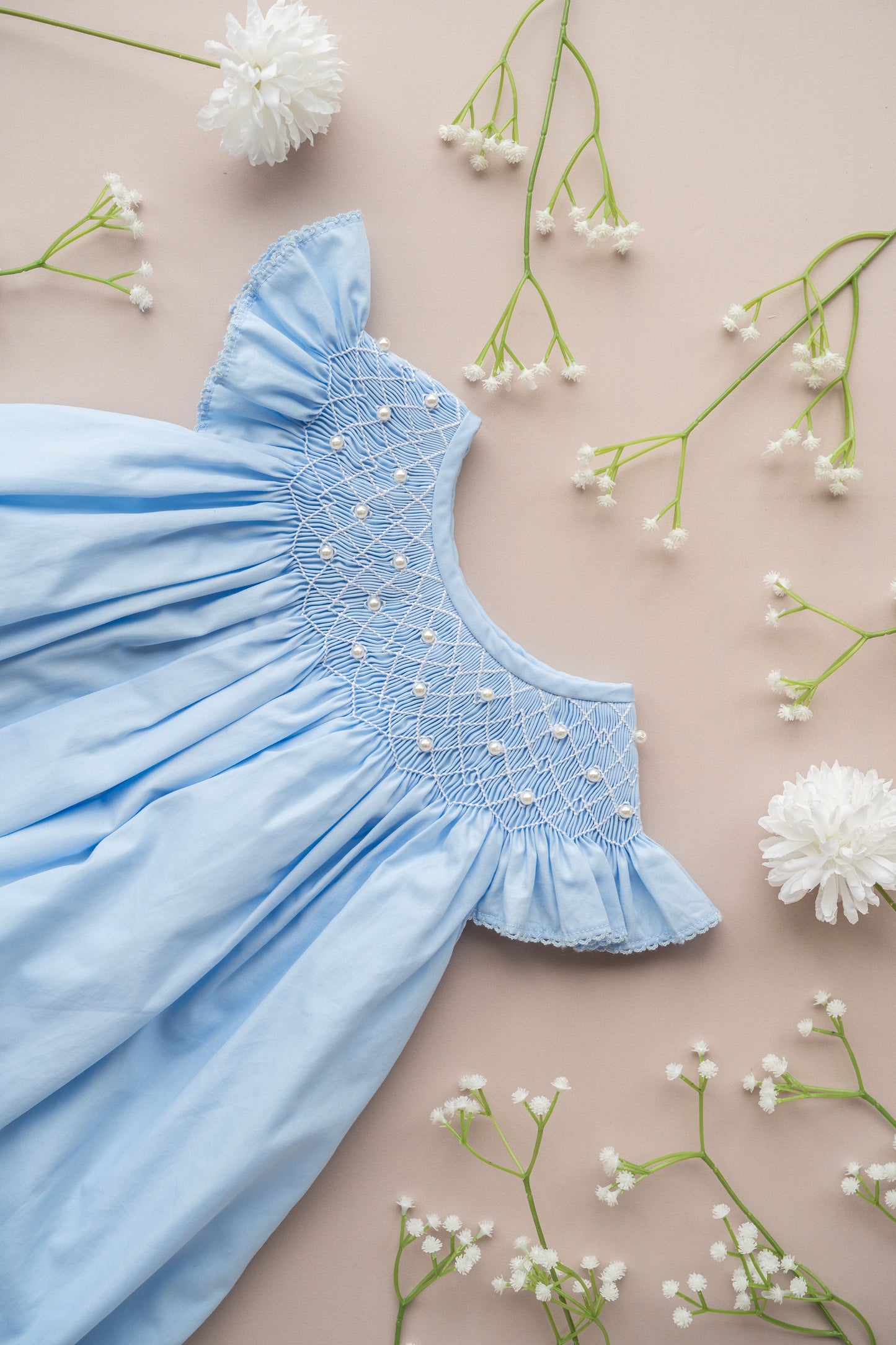 Baby Blue Pearl Smocked Dress